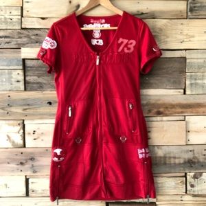 VINTAGE PEPE JEANS Red Mesh Overlay Dress, Size L